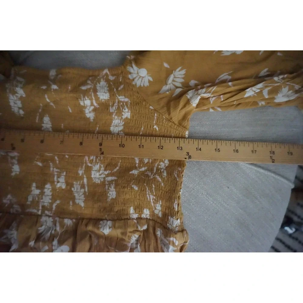 Billabong Mustard Yellow Floral Smocked Mini Dress Long Puff Sleeve Medium